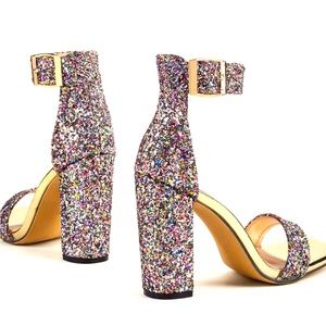 Multi-colored glitter shoe with wide heel